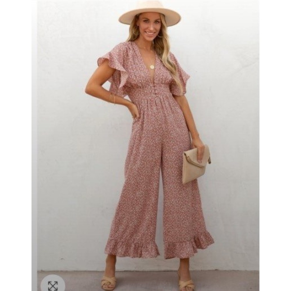 STORIA Boho Floral Ruffle Jumpsuit Size Medium NWT